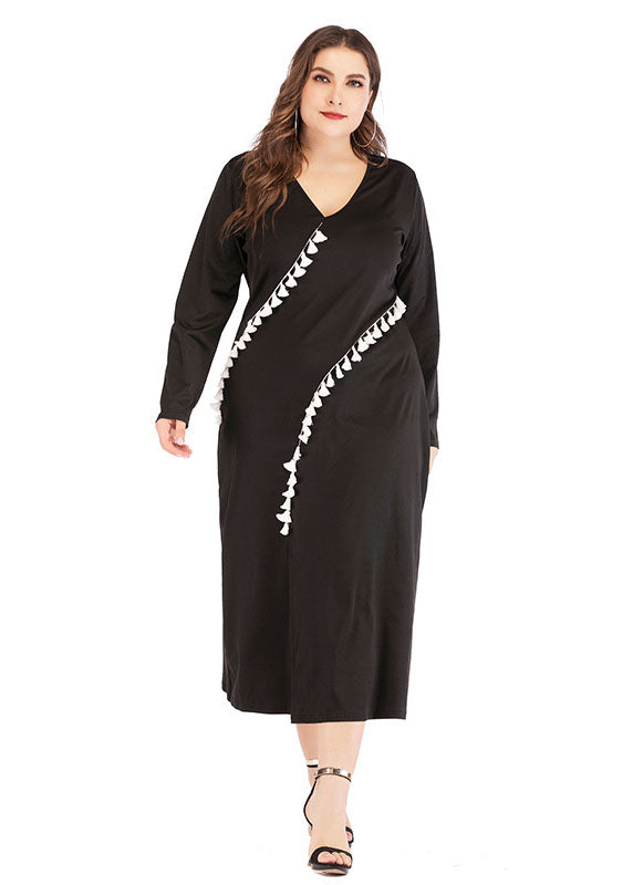 Modern Black V Neck Patchwork Tassel Side Open Maxi Dress Long Sleeve