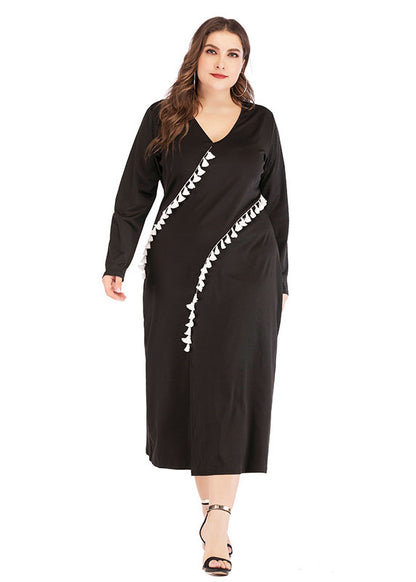 Modern Black V Neck Patchwork Tassel Side Open Maxi Dress Long Sleeve
