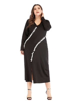 Modern Black V Neck Patchwork Tassel Side Open Maxi Dress Long Sleeve