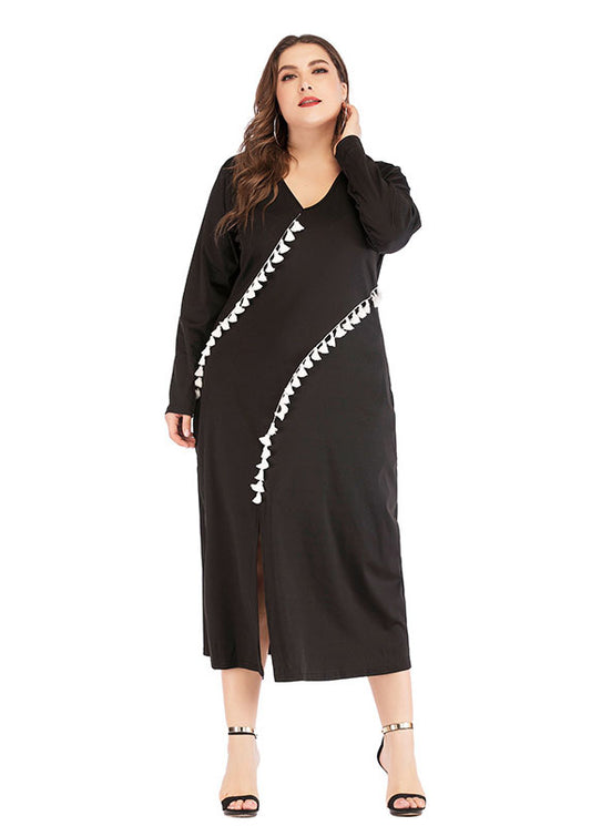 Modern Black V Neck Patchwork Tassel Side Open Maxi Dress Long Sleeve