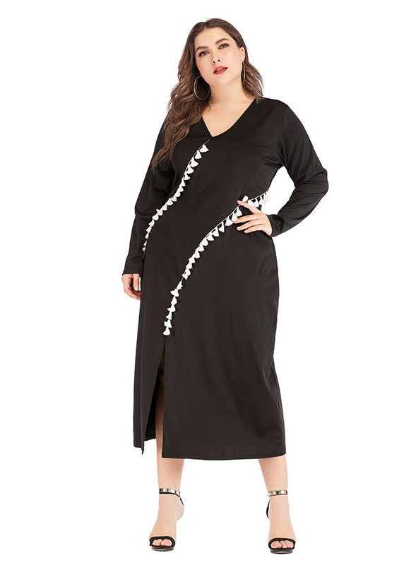 Modern Black V Neck Patchwork Tassel Side Open Maxi Dress Long Sleeve