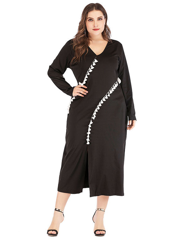 Modern Black V Neck Patchwork Tassel Side Open Maxi Dress Long Sleeve