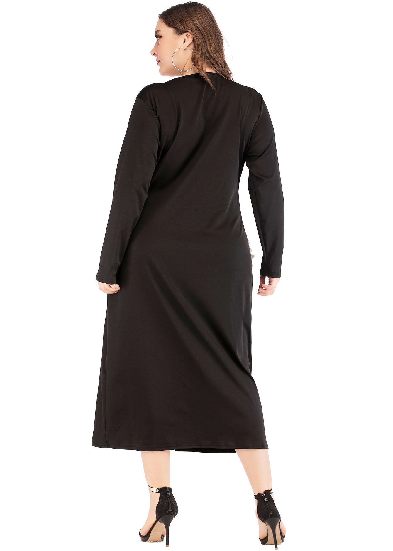 Modern Black V Neck Patchwork Tassel Side Open Maxi Dress Long Sleeve