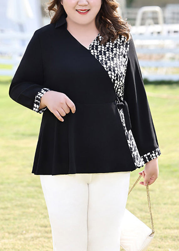 Modern Black V Neck Tie Waist Chiffon Shirt Fall