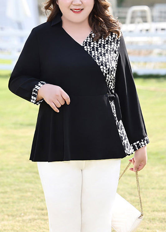 Modern Black V Neck Tie Waist Chiffon Shirt Fall