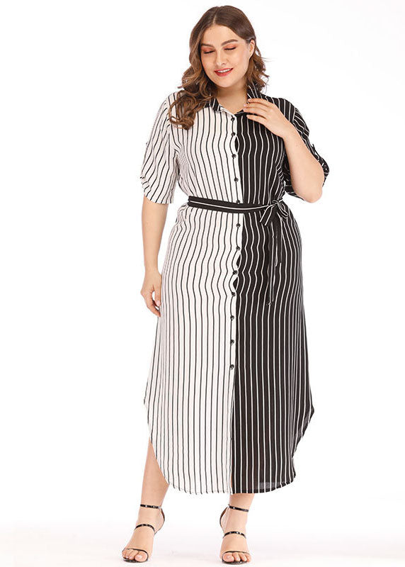 Modern Black White Striped Peter Pan Collar Patchwork Button Maxi Shirts Dress Short Sleeve