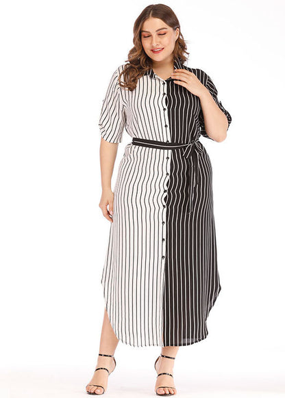 Modern Black White Striped Peter Pan Collar Patchwork Button Maxi Shirts Dress Short Sleeve