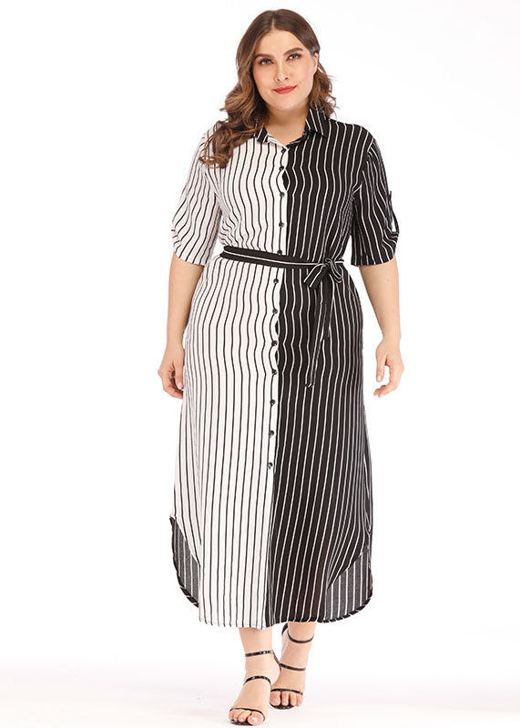 Modern Black White Striped Peter Pan Collar Patchwork Button Maxi Shirts Dress Short Sleeve