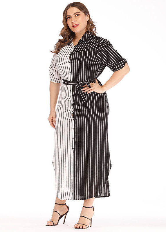 Modern Black White Striped Peter Pan Collar Patchwork Button Maxi Shirts Dress Short Sleeve
