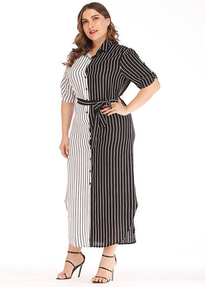 Modern Black White Striped Peter Pan Collar Patchwork Button Maxi Shirts Dress Short Sleeve
