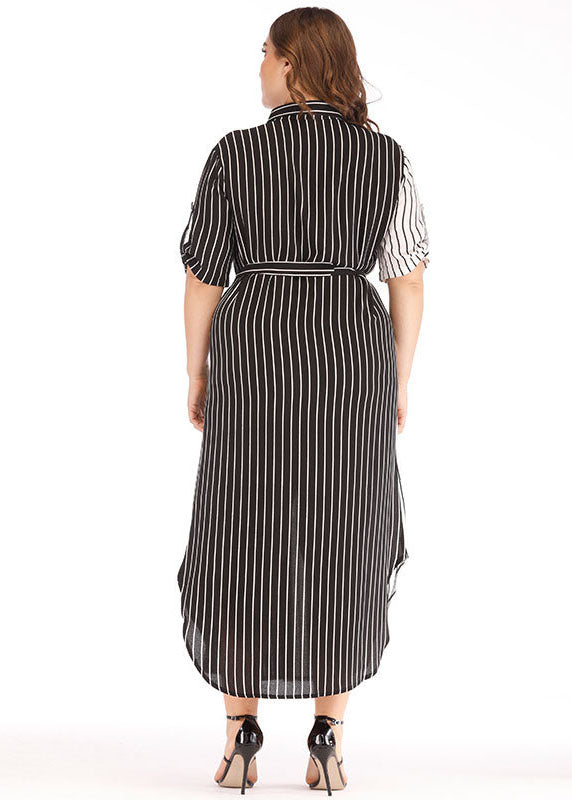 Modern Black White Striped Peter Pan Collar Patchwork Button Maxi Shirts Dress Short Sleeve