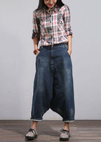 Modern Blue Casual Pockets Wrinkled Fall Harem Denim Pants