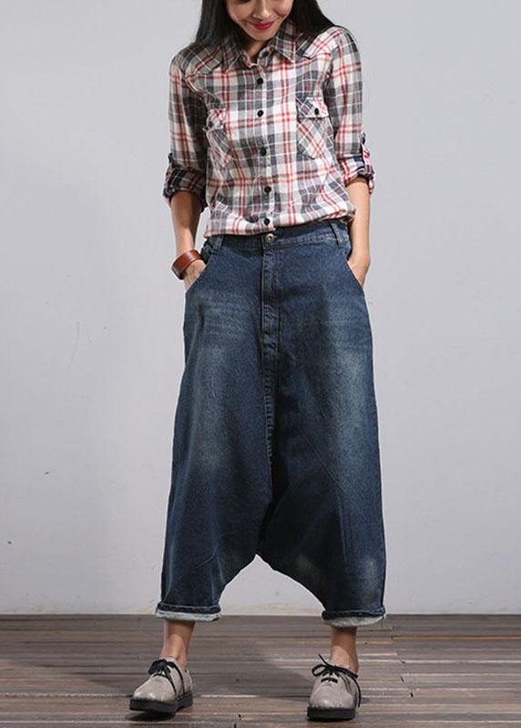 Modern Blue Casual Pockets Wrinkled Fall Harem Denim Pants