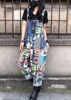 Modern Blue Letter Print Patchwork Denim Wide Leg Jumpsuits Summer