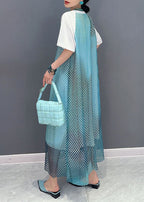 Modern Blue O Neck Patchwork Sheer Mesh Cotton Dress Short Sleeve