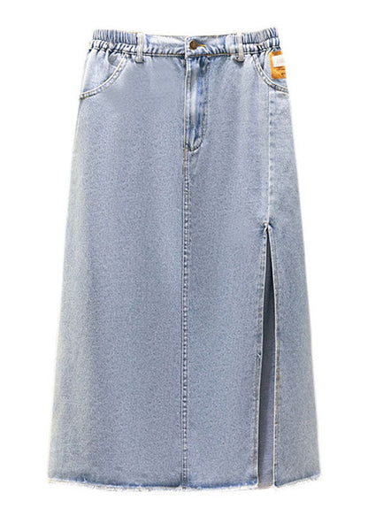 Modern Blue Pockets Side Open Patchwork Denim Skirts Summer