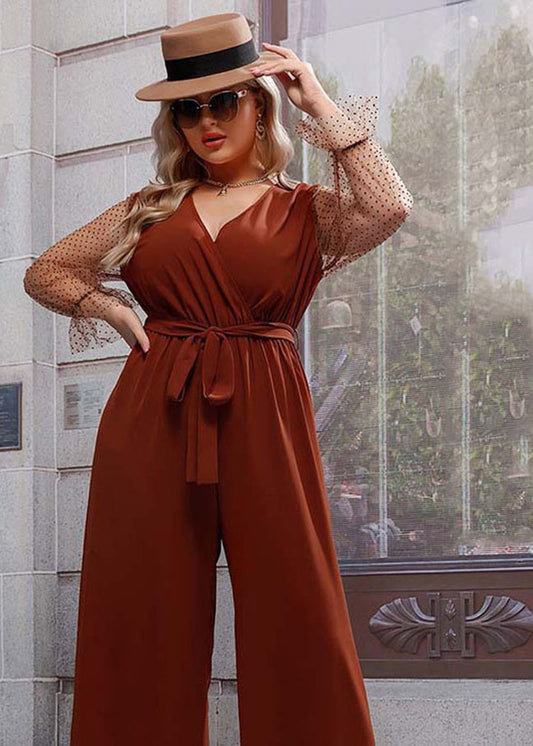 Modern Brown V Neck Tulle Patchwork Tie Waist Jumpsuit Fall