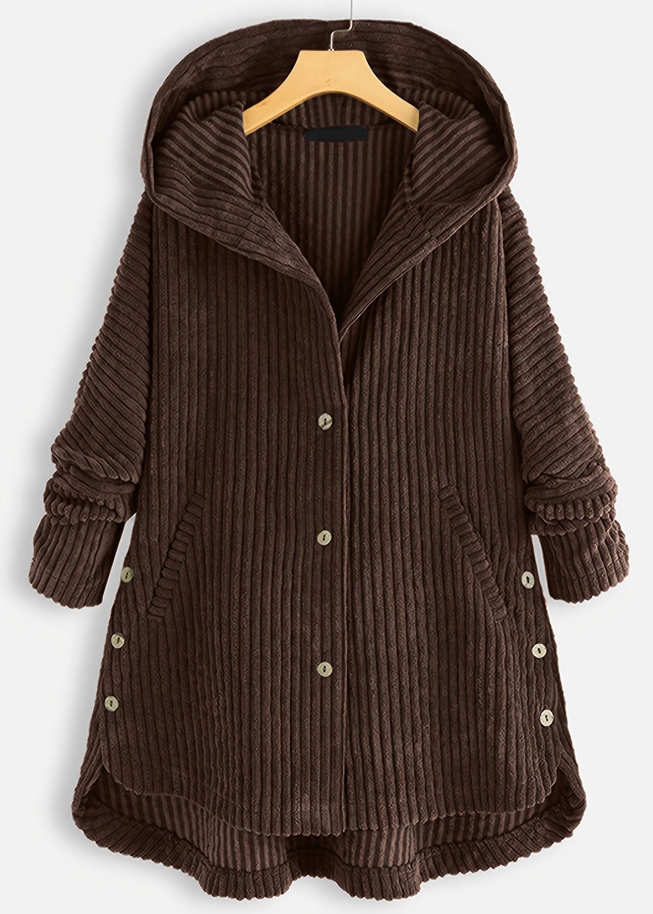 Modern Coffee Hooded Button Pockets Patchwork Corduroy Coat Fall