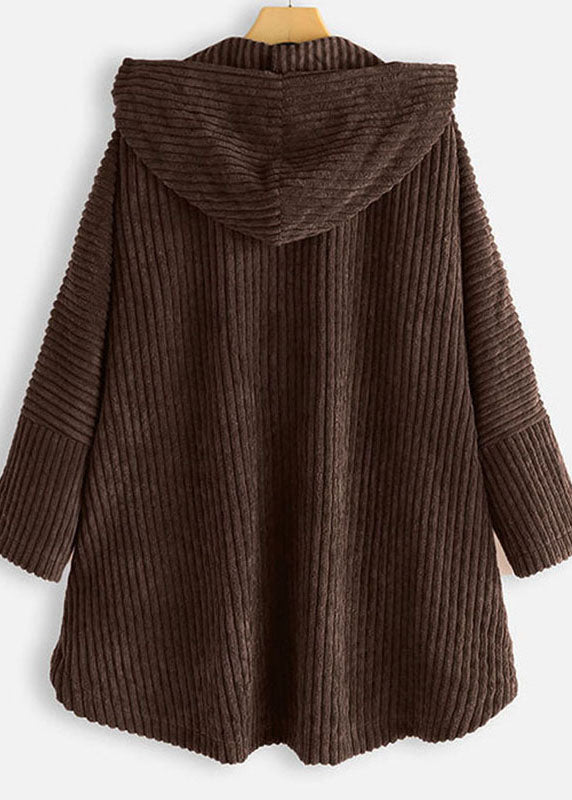 Modern Coffee Hooded Button Pockets Patchwork Corduroy Coat Fall