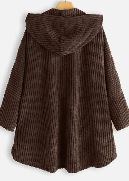 Modern Coffee Hooded Button Pockets Patchwork Corduroy Coat Fall