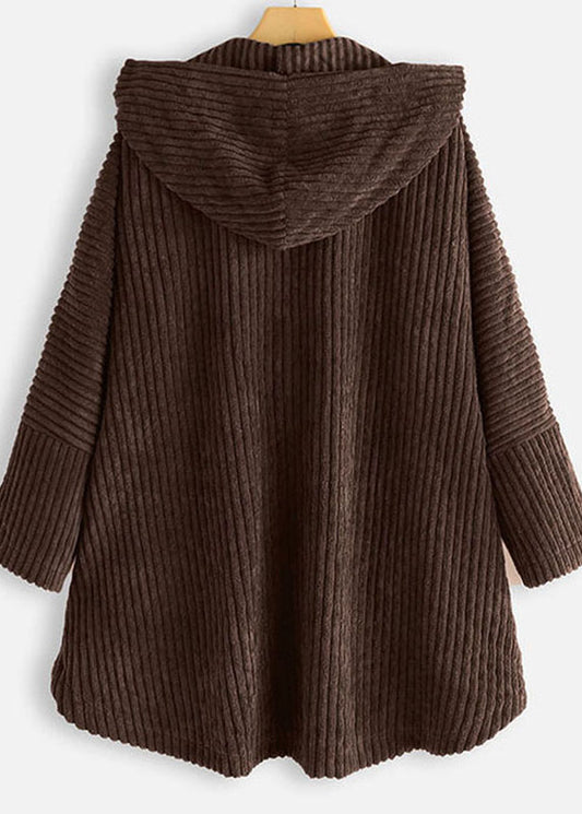 Modern Coffee Hooded Button Pockets Patchwork Corduroy Coat Fall