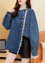 Load image into Gallery viewer, Modern Denim Blue Lace Patchwork Cotton Blouse Tops Spring