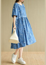 Load image into Gallery viewer, Modern Denim Blue O-Neck Print Summer Cotton Dress Short Sleeve