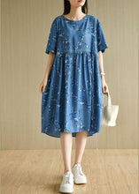 Load image into Gallery viewer, Modern Denim Blue O-Neck Print Summer Cotton Dress Short Sleeve