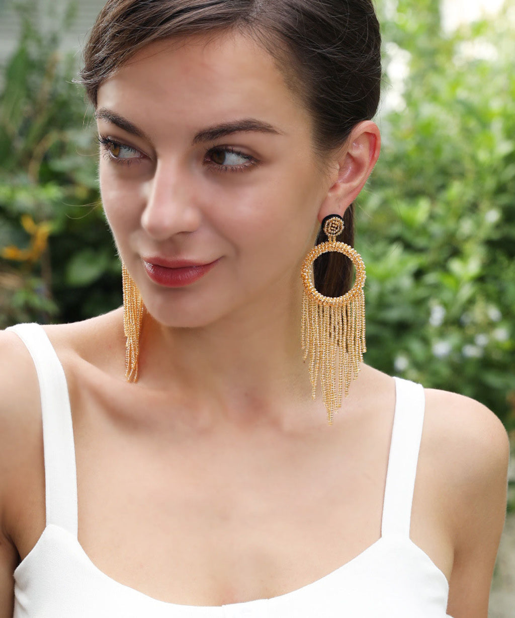 Modern Gold Rice Ball Circular Tassel Drop Earrings