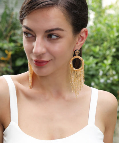 Modern Gold Rice Ball Circular Tassel Drop Earrings