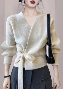Modern Green V Neck Tie Waist Wool Knit Cardigan Spring