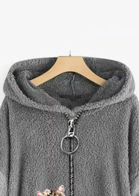 Modern Grey Hooded Print Zippered Patchwork Teddy Faux Fur Coats Fall
