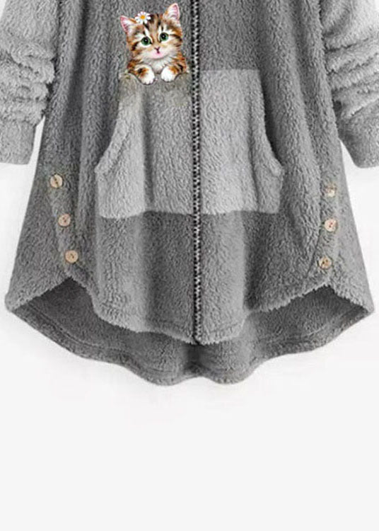 Modern Grey Hooded Print Zippered Patchwork Teddy Faux Fur Coats Fall