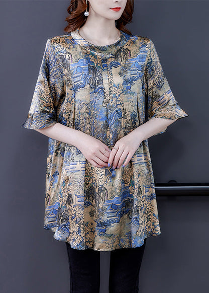 Modern Khaki O-Neck Oversized Print Silk Top Flare Sleeve