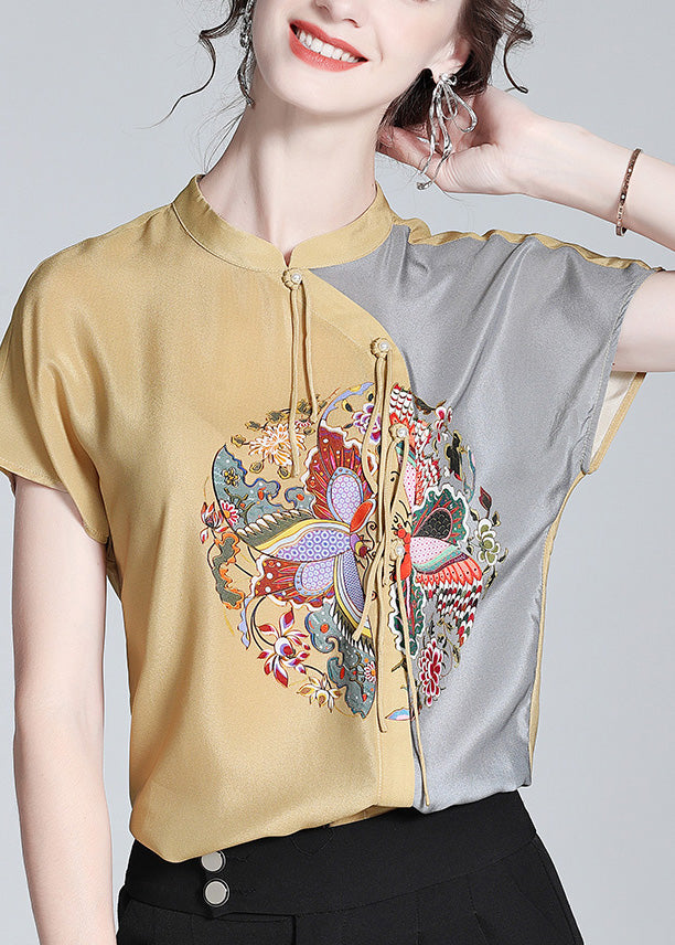 Modern Khaki Print Patchwork Button Silk Top Short Sleeve