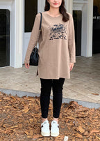 Modern Khaki Print Side Open Cotton Pullover Sweatshirt Fall