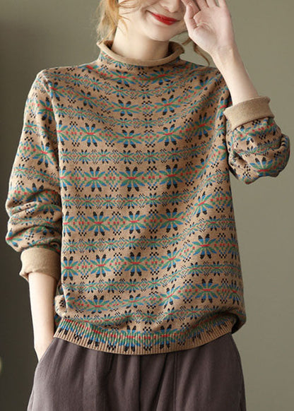 Modern Khaki Turtle Neck Print Knitted Tops Long Sleeve