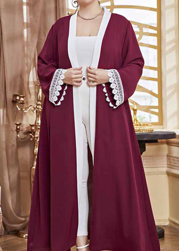 Modern Mulberry V Neck Lace Patchwork Tie Waist Chiffon Cardigan Long Sleeve