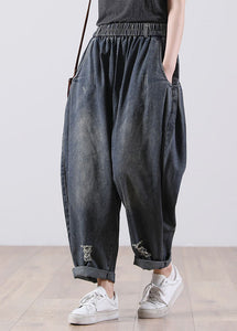 Modern Navy Elastic Waist Pockets Harem Denim Fall Pants