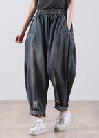 Modern Navy Elastic Waist Pockets Harem Denim Fall Pants