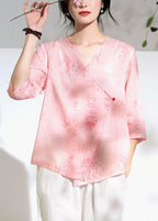 Modern Pink Print Button Summer Ramie Tops