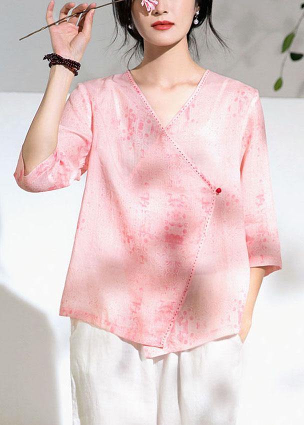Modern Pink Print Button Summer Ramie Tops