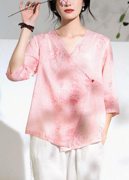 Modern Pink Print Button Summer Ramie Tops