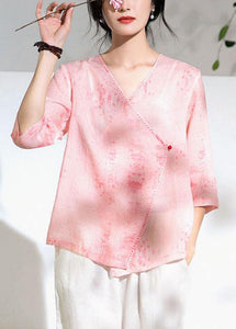 Modern Pink Print Button Summer Ramie Tops