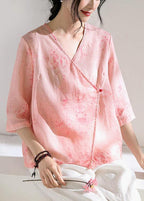 Modern Pink Print Button Summer Ramie Tops
