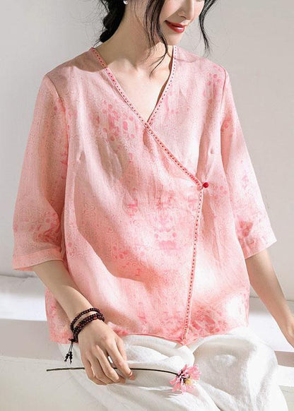 Modern Pink Print Button Summer Ramie Tops