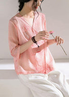 Modern Pink Print Button Summer Ramie Tops