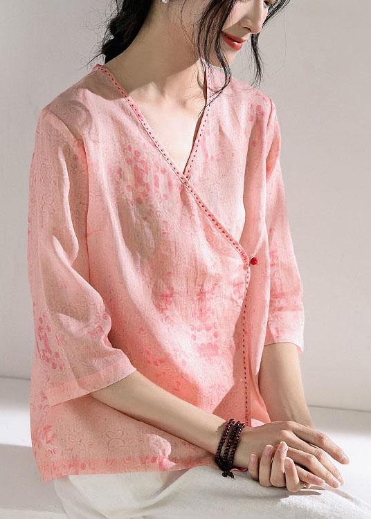 Modern Pink Print Button Summer Ramie Tops