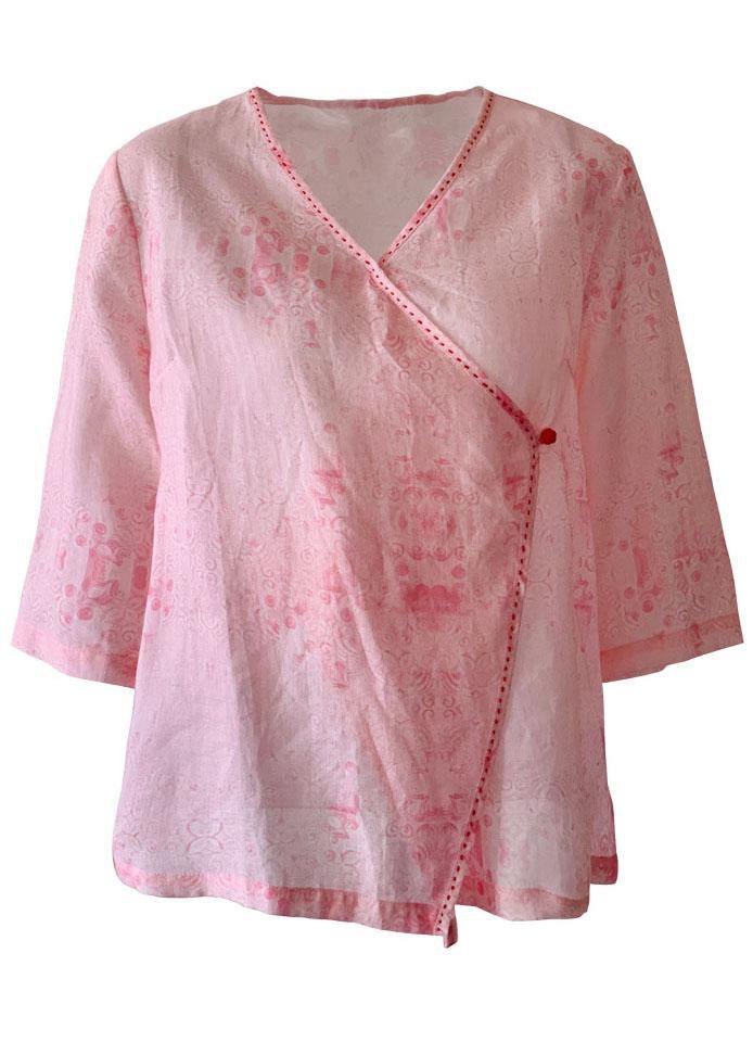 Modern Pink Print Button Summer Ramie Tops