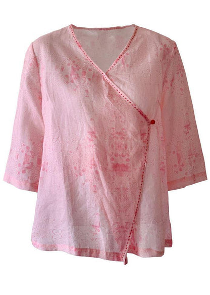 Modern Pink Print Button Summer Ramie Tops